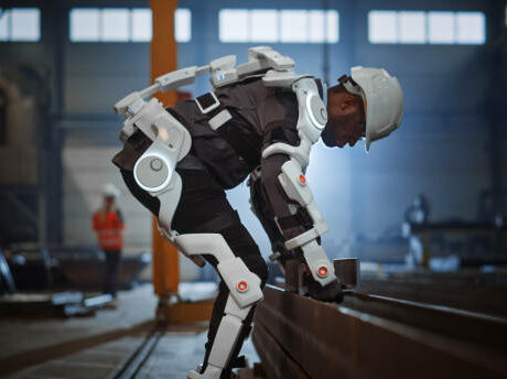 Black African American Engineer is Testing a Futuristic Bionic Exoskeleton and Picking Up Metal Objects in a Heavy Steel Industry Factory. Contractor is Heavy Lifting Steel Parts in a Powered Shell.